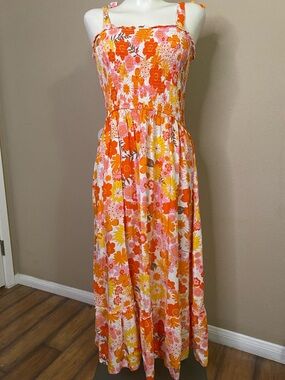 ZESICA Floral Smocked Maxi Dress in Orange and Pink L 💕💕
